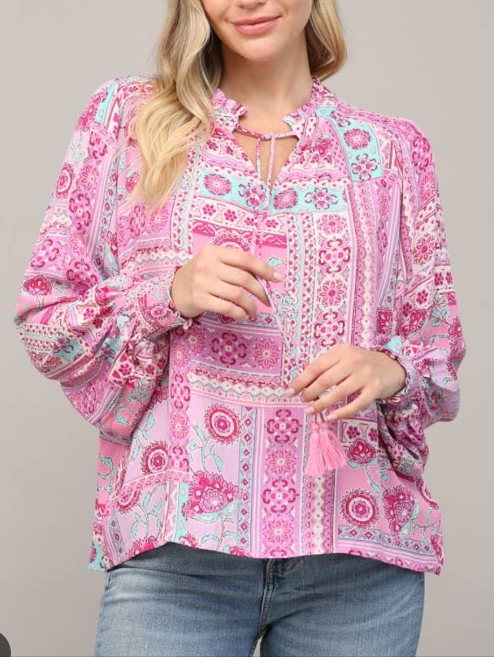 Fate Patchwork Tie-Neck Blouse in Pink